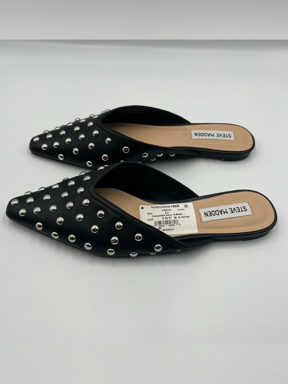 Steve Madden Marela Black Leather Studded Pointed Toe Mules Flats Sz 8.5